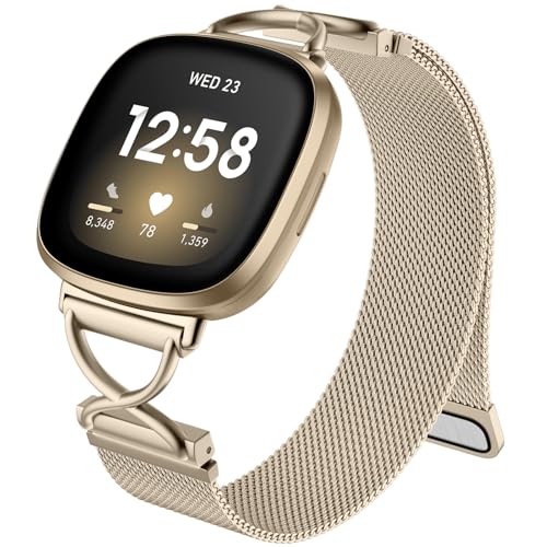 JKD Champagne Gold Metal Mesh Loop Strap for Fitbit Versa & Sense Smartwatches