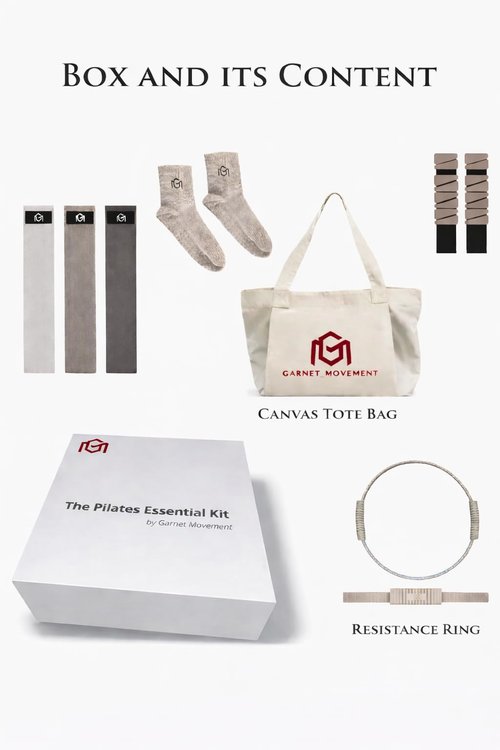 GARNET MOVEMENT - Home Pilates Essentials Kit 9 pcs. Pilates Ring Fitness Trainer, Ankle/Wrist Weights, Resistance Bands, Tote Bag, Grip Socks. Home or Gym/Studio Use. *MAT NOT Included*