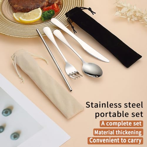 Portable Flatware Set - Reusable Camping Cutlery for Outdoor Use - Black and White Storage Bag