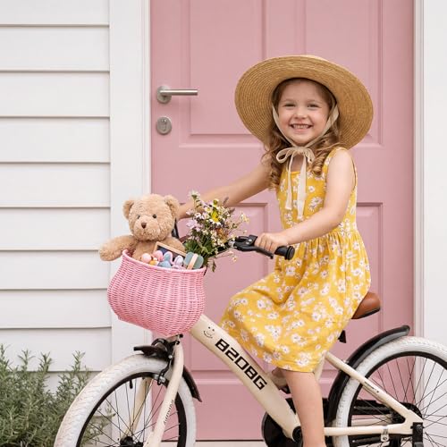 Pink Kids Bike Basket Wicker Bicycle Front Basket for Girls & Boys
