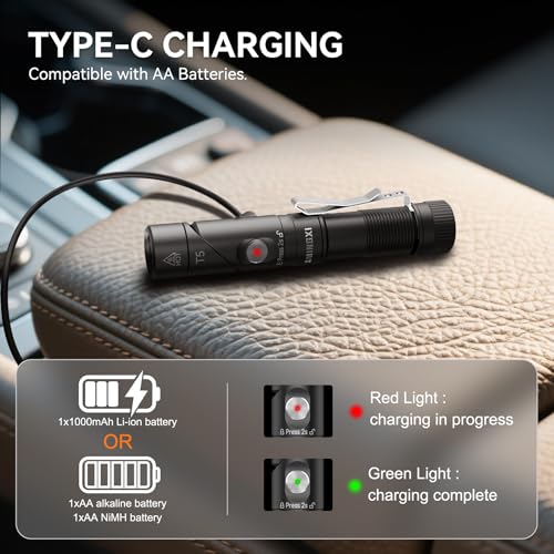 T5 1400 Lumens Rechargeable LED Flashlight, 90 Degree Adjustable Head, EDC Tactical Flashlight,Magnetic AA Pocket Work Light with Red Diffuser & Clip for Camping, Hiking, Emergency