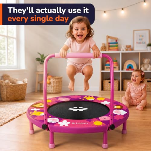 Toddler Trampoline Indoor 36'' - Foldable Mini Trampoline for Kids, Adjustable Handle, ASTM Certified, Purple & Coral