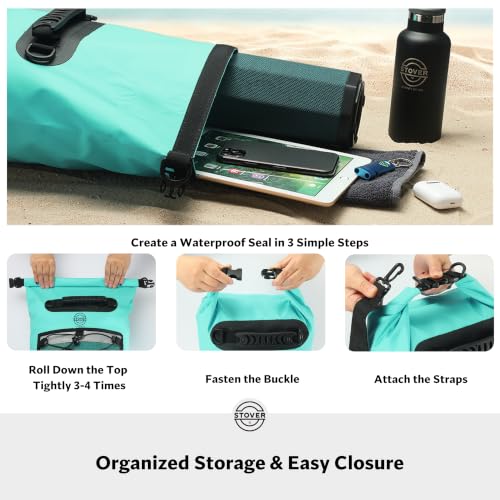 STOVER 25L Waterproof Dry Backpack with Phone Case - Teal, Floating, Heavy-Duty for Kayaking, Hiking, Camping