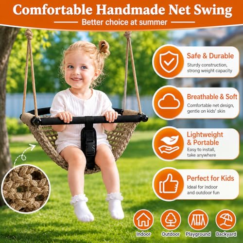 Kids Indoor & Outdoor Hand-Made Khaki Net Swing Seat with Adjustable Rope - Child Playground Swing