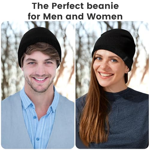 Wool Blend Ribbed Knit Beanie - Double Layer Warm Hat - Black