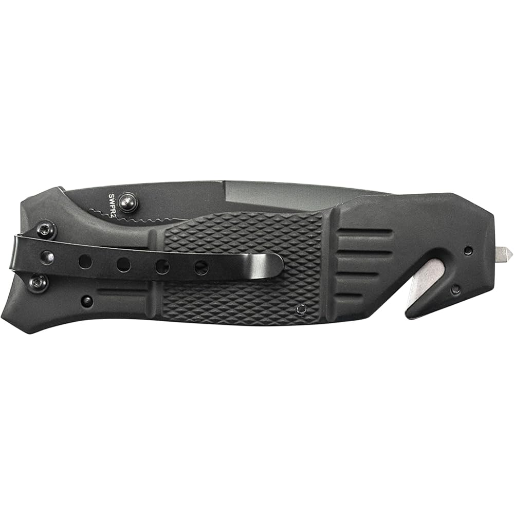 Smith & Wesson SWFR2S 8in High Carbon S.S. Folding Knife with 3.3in Tanto Point Serrated Blade and Aluminum Handle for Outdoor, Tactical, Survival and EDC,Black