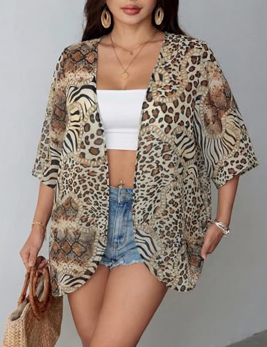 Floral Beach Cover Up Kimono Cardigan - Leopard Zebra, Large