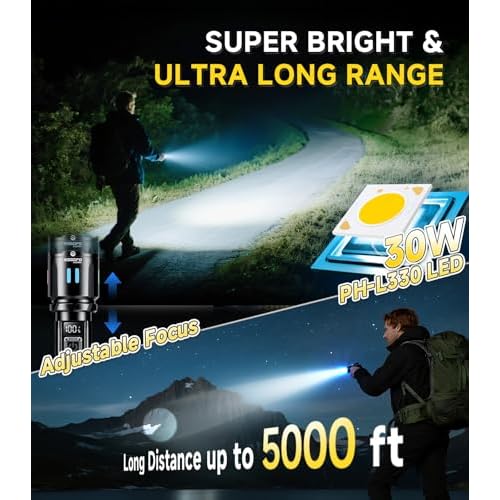 Esgofo Rechargeable Flashlights High Lumens 10000, Single Click Button Design, Super Bright 30W LED, Long Lasting 15H, USB C Input & Output, LCD Power Display, 6.69¡± Length, for Camping Hiking Home