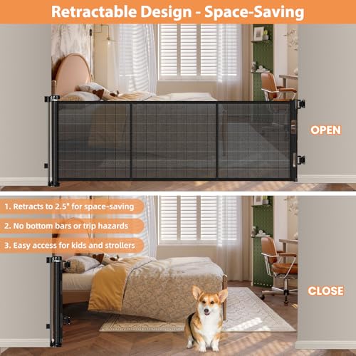 Reinforced 22 Inch Tall Retractable Dog Gate Step Over Pet Gate, 75" Wide Dog Gate for Stairs with Support Rods-Prevent Crawling Under, Indoor Short Pet Gate Puppy Gate Outdoor Retractable Gate/Black