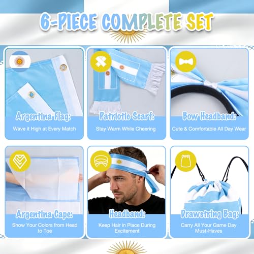 Soccer Fan Cheer Kit - Argentina Flag Cape, Scarf, Headband & Bag