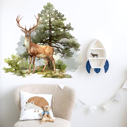 Standing Deer and Tree Wall Decal Nursery Forest Animal Wall Sticker Removable Peel and Stick Wall Art Decor for Kid Baby Classroom Preschool Living Room Playroom Bedroom School