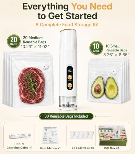 Handheld Vacuum Sealer for Food, Compact Cordless Sealer, 30 Reusable