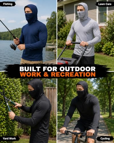 Men's UPF 50+ Sun Protection Hooded Shirt with Built-in Face Mask - Medium, Black/Blue/Gray, 3 Pack
