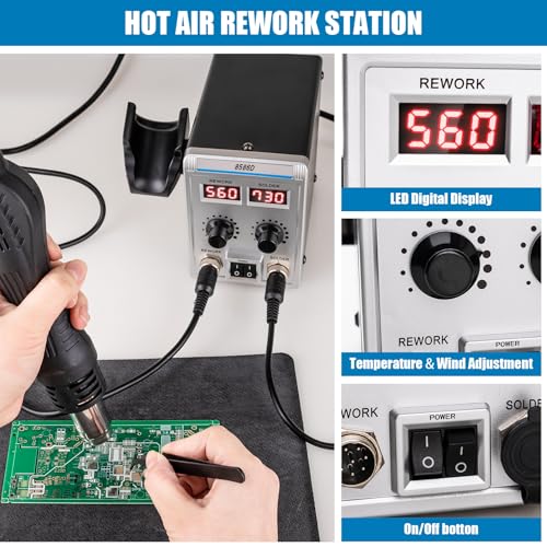 8586D 2 In 1 Soldering Station, SMD Hot Air Rework Station LED Dual Digital Display with Heat Gun and Solder Iron Kit, Electric Soldering Iron Station with Temperature Control, Auto Sleep Functions