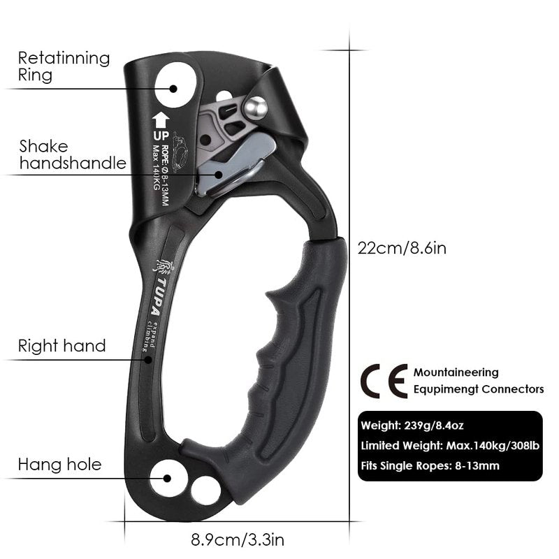 Lixada Climbing Hand Ascender 8-13mm Vertical Rope Access with Ergonomic Rubber Handle CE Certified Strong Rappelling Gear Equipment for Rock Climbing Tree Arborist, Rescue Caving