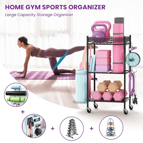3-Tier Yoga Mat Storage Rack with Wheels & Hooks - Black