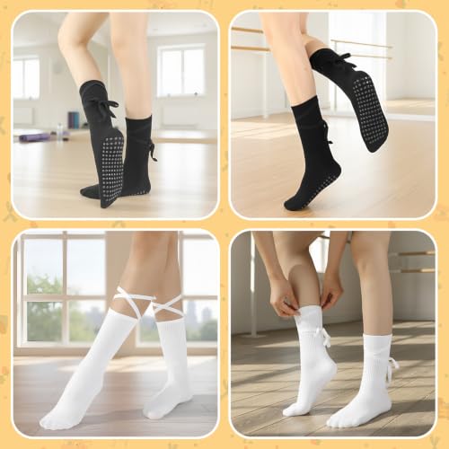 Non-Slip Pilates Socks with Cross Straps for Women - White & Black, 2 Pack