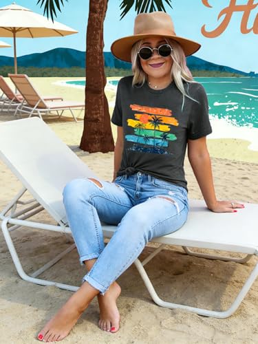 Palm Tree Graphic Summer Beach Shirt for Women - Medium Hawa-Dark Grey