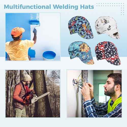 4Pcs Welding Caps, Cotton Welding Hats, Welders Caps with Sweat-absorbing Mesh Liner, Breathable Welding Hats with Elastic Ring for Welders Electricians Power Station Workers