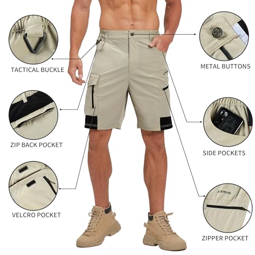 EZRUN Men's Quick Dry Hiking Cargo Shorts UPF 50+ Khaki Large