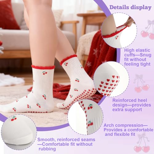 Pilates Socks for Women - Cute Ruffle & Embroidery, 5 Pairs - Red, Pink, Yellow, Purple, Brown