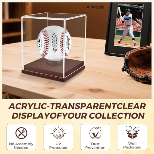 Baseball Display Case - UV Protected Acrylic Cube with Wooden Base for 1 Ball - Brown