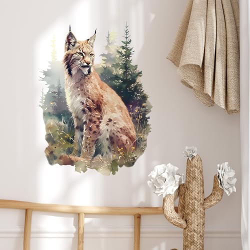 Lifelike Sitting Bobcat in The Forest Wall Decal Nursery Animal Lynx Wall Sticker Removable Peel and Stick Wall Art Decor for Kid Baby Classroom Preschool Living Room Playroom Bedroom School