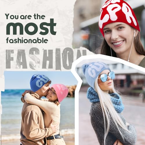 Y2K Knit Beanie Hat - MEA Culpa Graphic - Gray Blue & Black Gray