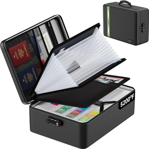 5200¢µ Fireproof Document Bag, Insulated Document Box with Lock, Important Document Organizer with Waterproof Zipper, Portable Soft Home Travel Office Safe Storage for Legal/Letter/A4 Files,Black