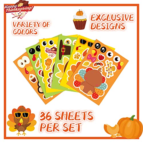 Thanksgiving Stickers for Kids - 36 Sheets Turkey Crafts