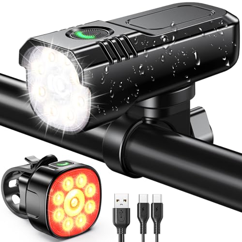Super Bright Rechargeable Bike Lights Set - Black, IP65 Waterproof & 8+7 Modes