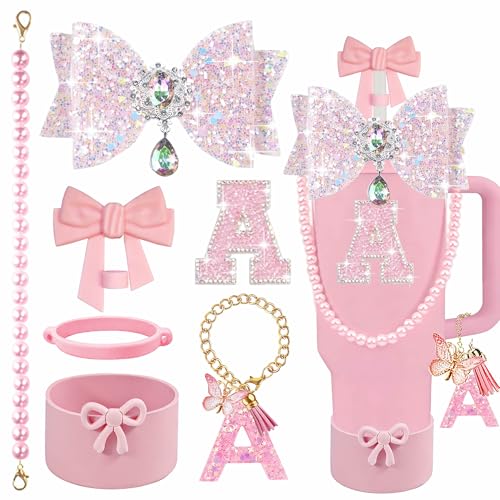 Pink Bow Letter Charms Accessories Set for Stanley Cup - A