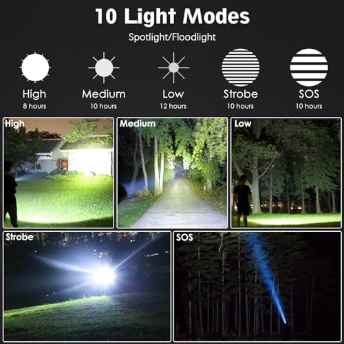 Rechargeable Flashlights 2000.000 High Lumens, Super Bright Flashlight with 10 Modes, LED Tactical Flashlight Waterproof, Powerful for Camping, Hiking, Hunting and Emergencies