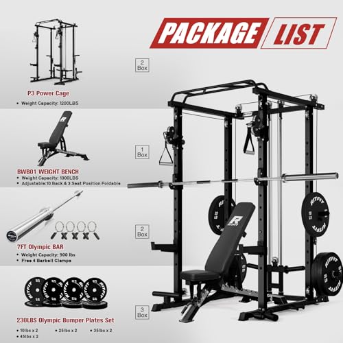 Power Cage with Cable Crossover System - Black, 1200LB Capacity, Bumper Plate Set