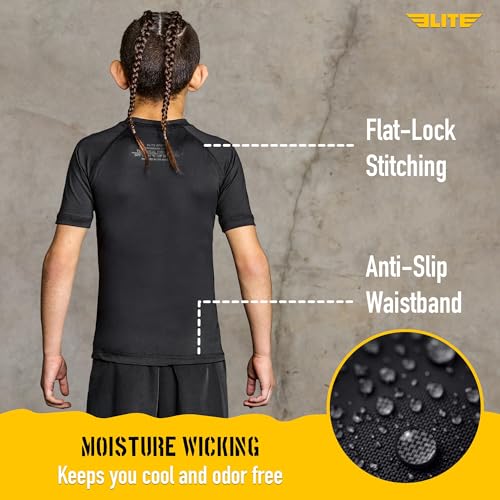 Kids Jiu Jitsu BJJ Rash Guard - Short Sleeve Compression Shirt - Small Black