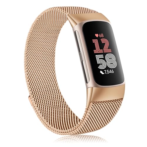 AK Rose Gold Metal Magnetic Fitbit Charge 6 Band Women Men Replacement Strap