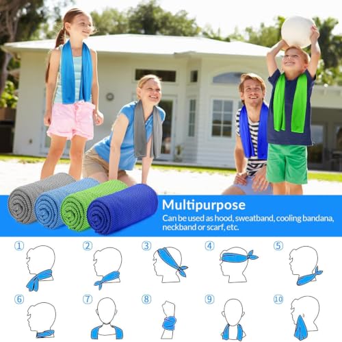 Cooling Towels 4 Pack - Neck & Face Wraps for Gym - Light Blue, Magenta, Orange, Green