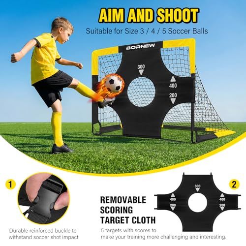 BORNEW 4' x 3' Black Yellow Kids Soccer Goal & Target Set (2 Goals, Ball, Pump, Cones) - Includes 4' x 3' Targets