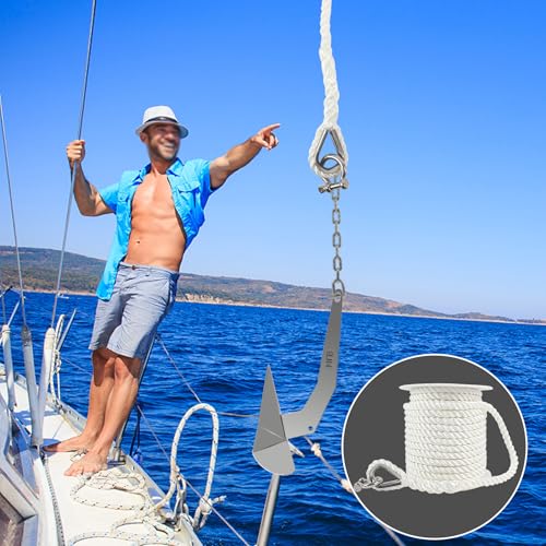VEITHI 1/2in x 100ft Boat Anchor Rope with Stainless Thimble & Shackle White, 3-Strand Marine Line