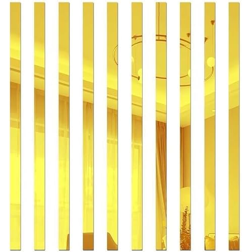10 Pcs Gold Mirror Wall Stickers Striped Design Mirror Art Tile Decal DIY Self Adhesive Wall Line Border Decals Removable Acrylic Mirror Sheets Wall and Murals for Home Decor (5 * 20cm)