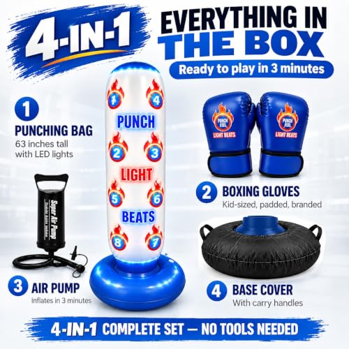 Kids Punch Light Beats Boxing Set with LED Lights Gloves & Pump – Inflatable Freestanding Bag, Birthday Gift for Boys & Girls 3-12