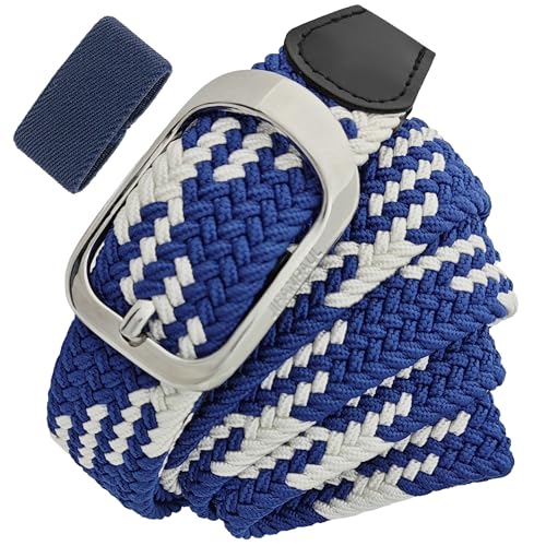 Elastic Braided Belt for Men and Women - Blue & White Silvery Buckle, Adjustable 32"-36"