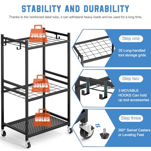 Garden Organizer With Wheels, Yard Tower Rack for Garage Storage, Up to 35 Long-Handled Tools, Sturdy Metal Steel Holder With 3 Hooks, Outdoor, Black