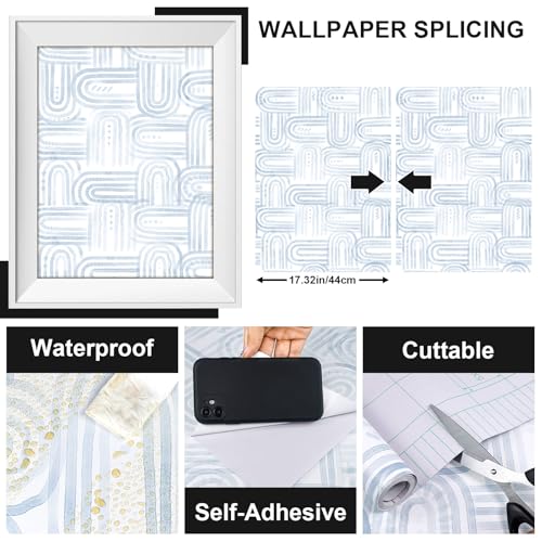 Modern Peel and Stick Wallpaper A Set of 17.3"x120" Boho Blue Contact Paper Removable Self-adheisve Wallpaper for Cabinets Shelf Drawer Bedroom Wall Decor