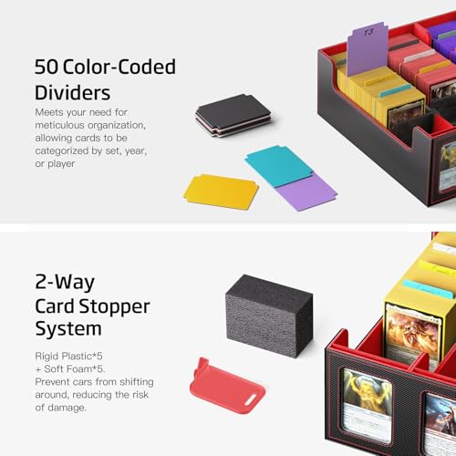 MORCCO Trading Card Storage Box 5-Row Magnetic Lid, 3900+ Capacity (Black Red) - Display Windows