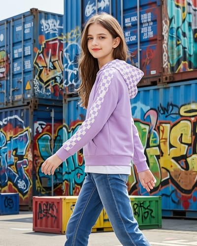 Girls Checkered Hoodie for Ages 4-12, Long Sleeve Pullover, Purple, 7-8 Years