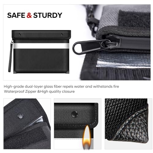 Fire Proof Money Bag for Cash 5200¢µ Heat Insulated,Fireproof Waterproof Document Pouches with Double-Sided Reflective Strip,Money Envelopes for Cash,Valuables,Jewelry(11"x7.7",Black)