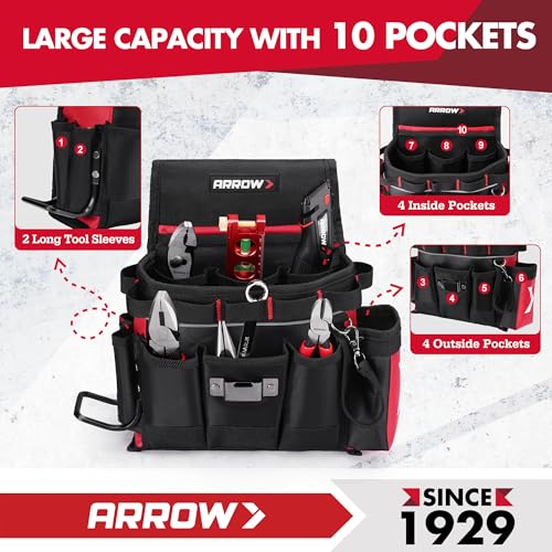 ARROW Tool Belt Heavy-Duty, Electrician Tool Pouch with 10 Pockets, 840D Oxford Fabric, Utility Belt with Hammer Holder, Adjustable Tool Belts for Men Women Electrician Carpenter, Construction