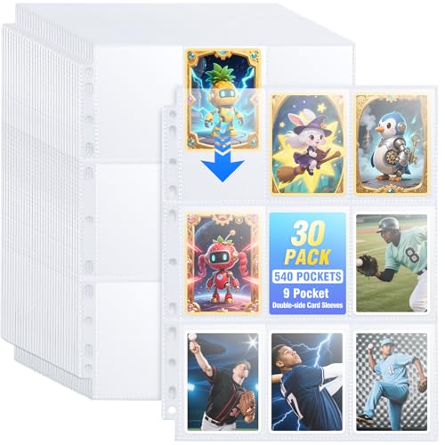 30 Pack 9-Pocket Trading Card Sleeves - Double-Sided Clear Binder Pages