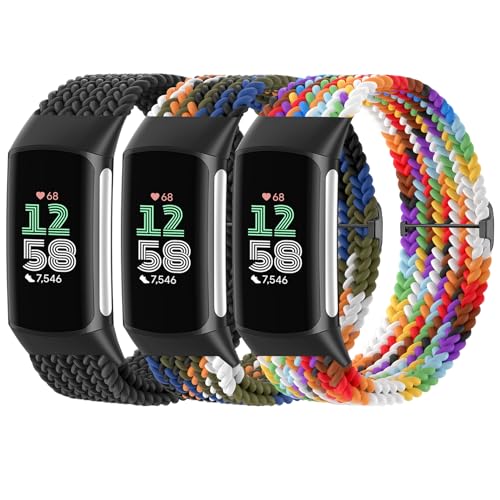 Braided Nylon Watch Bands for Fitbit Charge 6/5 - 3 Pack Black/Denim/Rainbow